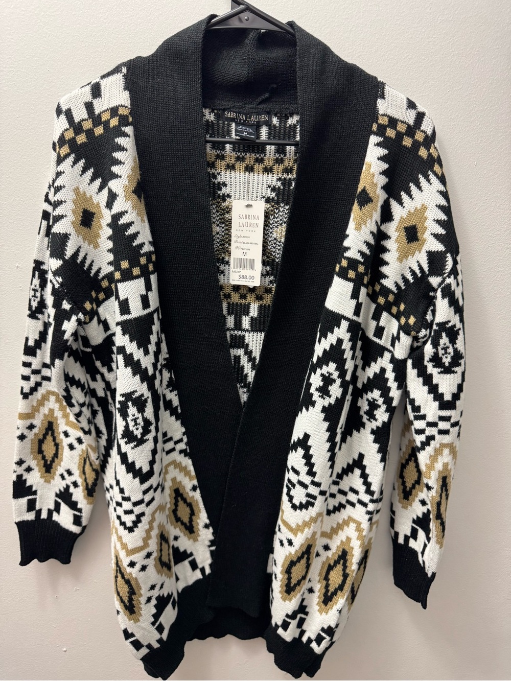 Sabrina Lauren black and white Aztec-pattern open-front cardigan